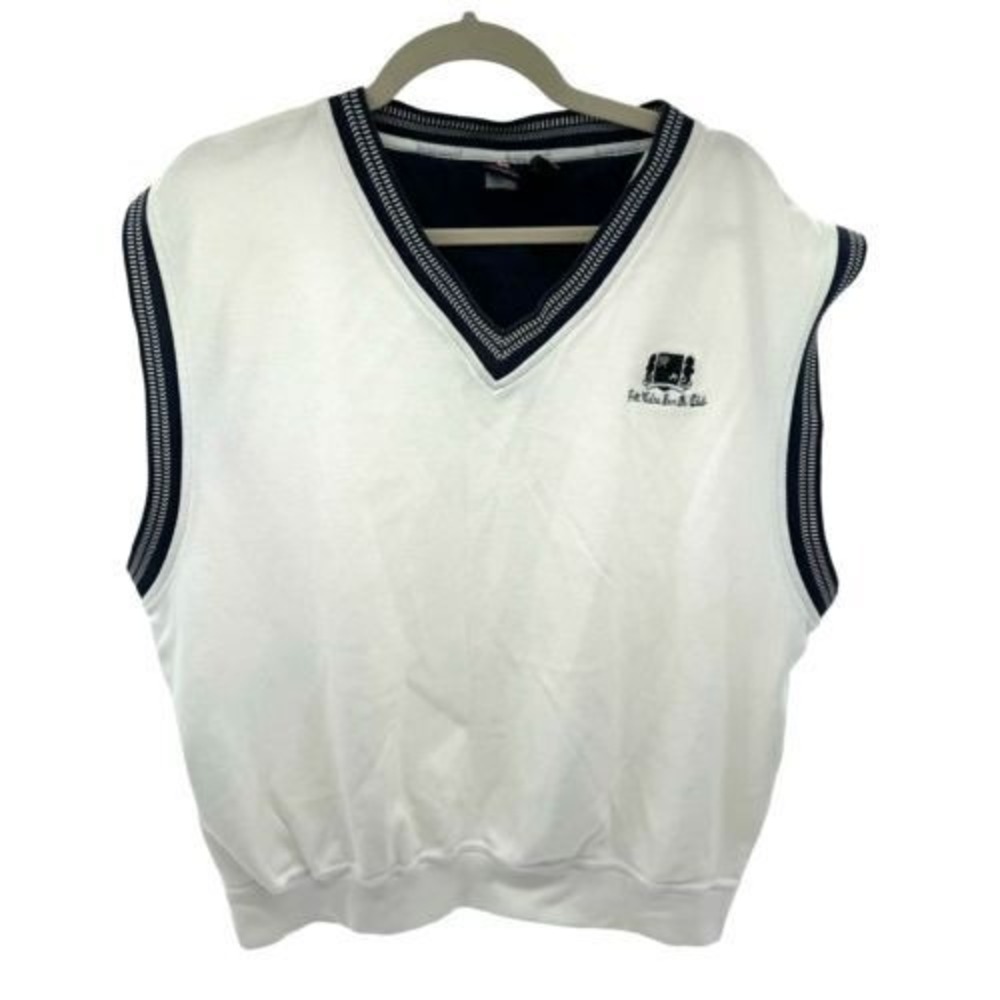 Sweater Vest Mens XL White Blue Pullover V Neck Country Club Logo Tennis Golf